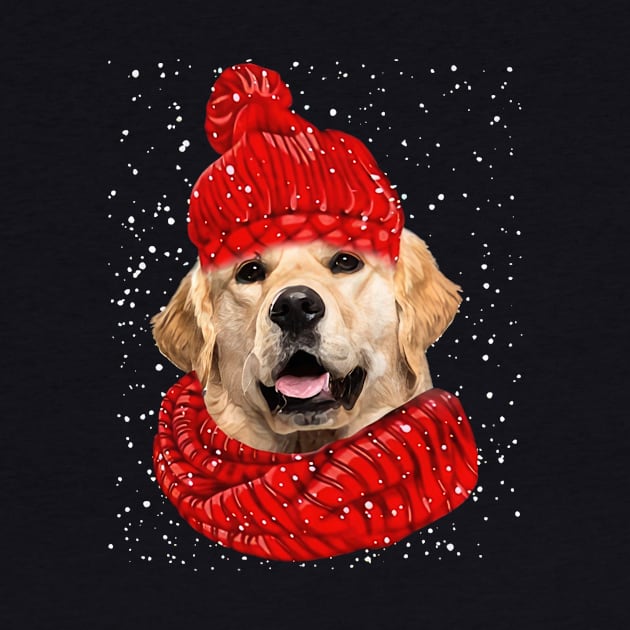 Golden Retriever Wearing Red Hat And Scarf Christmas by Tagliarini Kristi